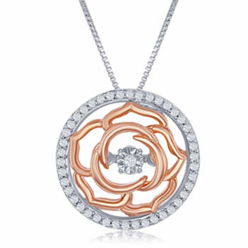 Enchanted Disney Fine Jewelry BELLE Rose Necklace Sterling Silver Diamond 1/5ct - Picture 1 of 8